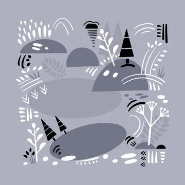 Square background landscape with trees, plants and hills in scandinavian style Stock Illustration