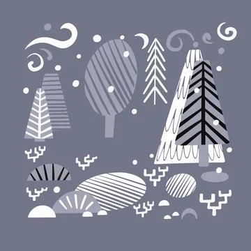 Square background landscape with trees, plants and hills in scandinavian style Stock Illustration
