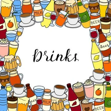 Square background with liquid drinks and lettering. Stock Illustration