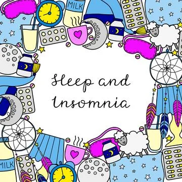 Square background with sleep, insomnia items. Stock Illustration