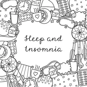 Square background with sleep, insomnia items. Stock Illustration