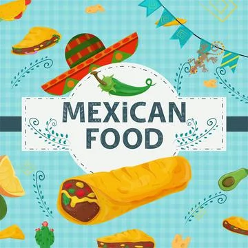 A square banner label flat on the theme of Mexican food a large inscription n Stock Illustration