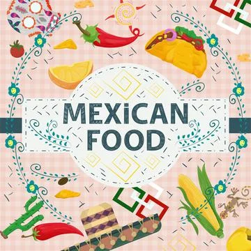Square Banner label flat on the theme of Mexican food large inscription name Stock Illustration