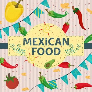 Square Banner label flat on the theme of Mexican food large inscription name Stock Illustration