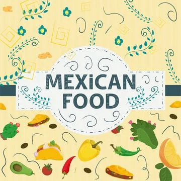 Square Banner label flat on the theme of Mexican food large inscription name Stock Illustration