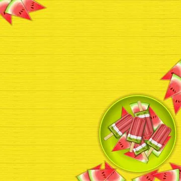 Square banner with popsicles on green plate and pieces watermelons. Fruit ice Stock Illustration