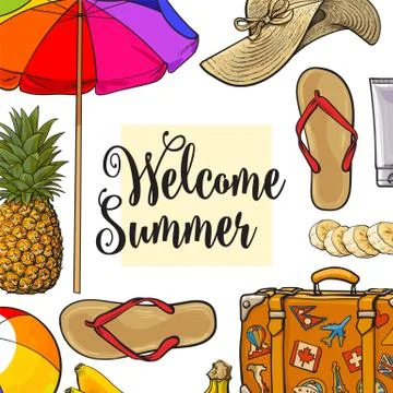 Square banner of summertime vacation attributes with place for text Stock Illustration