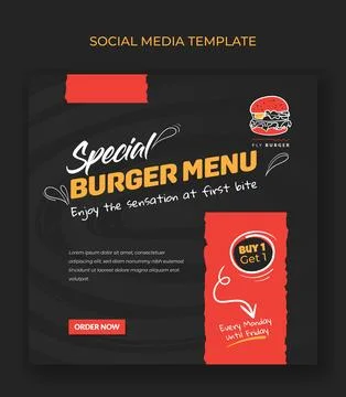 Square banner template in black and red background design with burger icon Stock Illustration