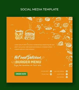 Square banner template design in orange background with hand drawn of burge.. Stock Illustration