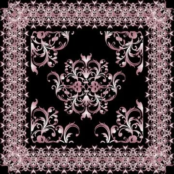 Square baroque pattern. Vector floral black background with pink Illustrazione stock
