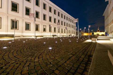 Square of Basic Rights in Karlsruhe, Germany at night. 24 double-sided street si 写真素材