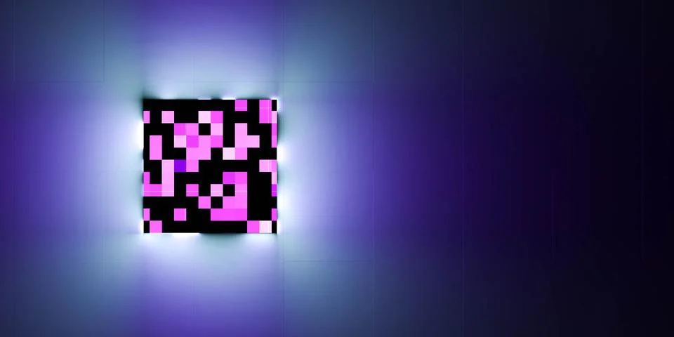 Square block cube with pixel optic and glowing neon violet lights on dark Stock Illustration