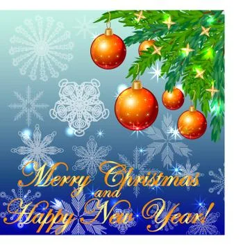 A square blue christmas background with snowflakes, coniferous branches, deco Stockillustratie