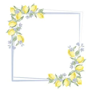 Square blue frame with corner decoration of lemon branches in watercolor style Stock Illustration