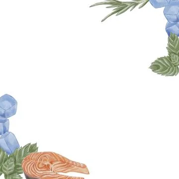 A square board with salmon fillet, ice cubes, rosemary, and mint along the ed Stock Illustration