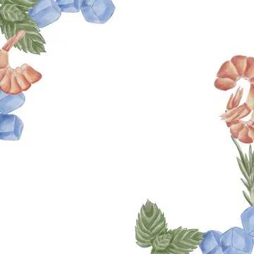 A square board with shrimp, ice cubes, rosemary, and mint around the edges. W Stock Illustration