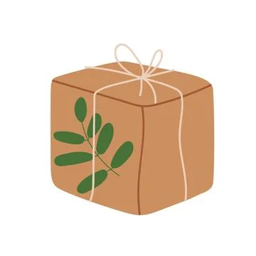 Square box with gift. Gift box in craft paper with natural decor in trendy Stock Illustration