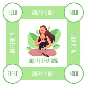 Square breathing trainer flat vector, woman makes calm breathing exercise Illustrazione stock