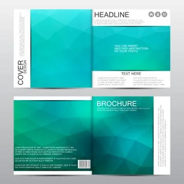 Square brochure template. Green triangle backdrop. Abstract vector background Stock Illustration
