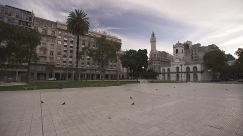 Square in Buenos Aires affected by quarantine, plaza de Mayo, 4K Stock Footage 128488772