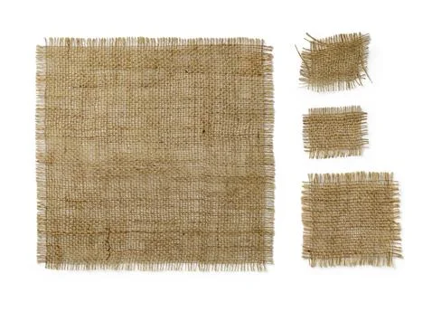 Square burlap pieces of different sizes isolated on white background. Stock Photos