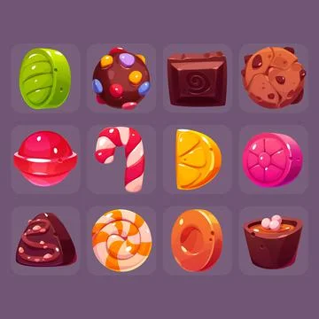 Square buttons with chocolate and fruit candies Stock Illustration