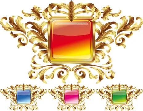 Square buttons on the frame of gold heraldic branches isolated on a white bac Stock Illustration