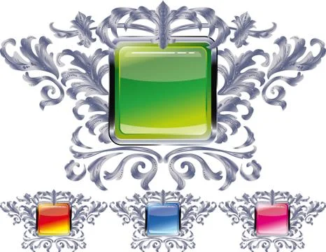 Square buttons on the frame of silver heraldic branches  isolated on a white  Stock Illustration