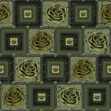 Square camouflage geometric pattern with green roses, steel chains, rivets Stock Illustration