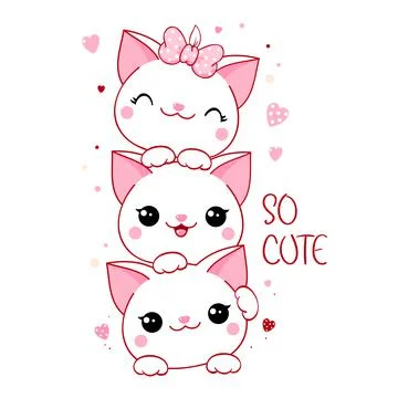 Square card with cute kittens. Three little white cats and pink hearts.  Insc 库存插图