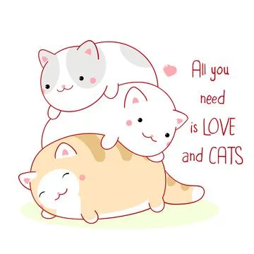 Square card with cute kittens. Three funny fat cats and pink heart.  Inscript Illustrazione stock