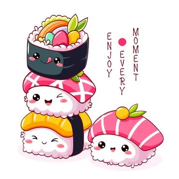 Square card with stack of cute sushi in kawaii style with smiling faces. Ja.. Stock Illustration