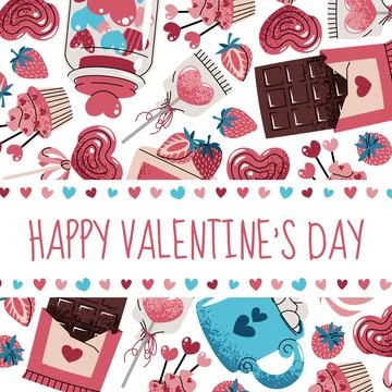 Square card template with sweets, cake, chocolate, strawberry and hearts. V.. Ilustração Stock