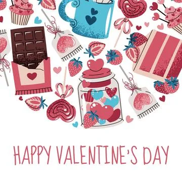 Square card template with sweets, cake, chocolate, strawberry and hearts. V.. Stock Illustration