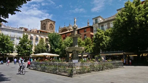 Square in the centre of Granada, Spain. Cathedral on the background. Stock Footage