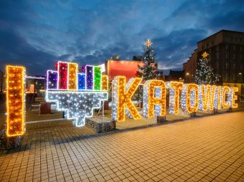 The square in the centre of Katowice the evening. Stock Photos