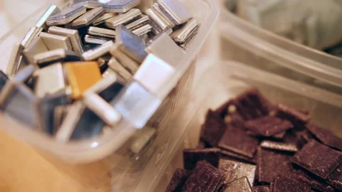 Square ceramic mosaic pieces. Blue and brown details at workshop Stock Footage 138679166
