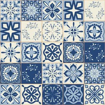 Square ceramic tile, Azulejo style, several different design tiles for interi Ilustración de archivo