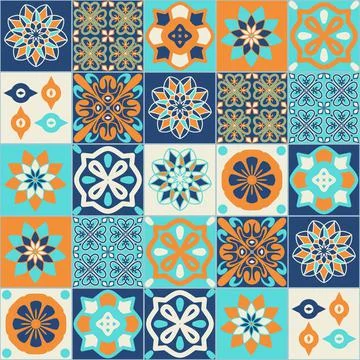 Square ceramic tile design azure blue orange color in spanish portuguese styl 库存插图