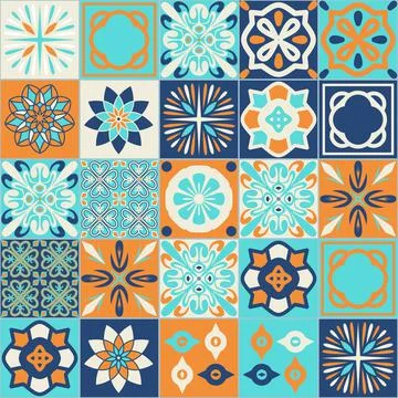 Square ceramic tile design, trendy azure blue orange color in spanish portugu 库存插图