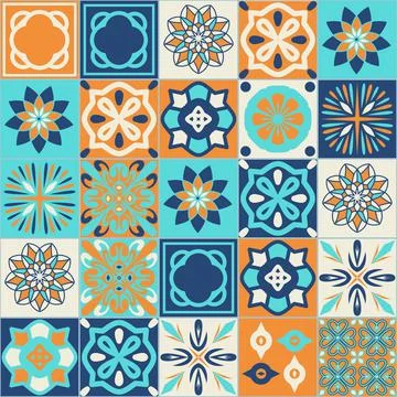 Square ceramic tile design vector illustration, trendy azure blue orange colo Ilustración de archivo