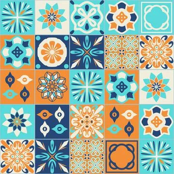 Square ceramic tile design vector illustration, trendy azure blue orange colo Illustrazione stock