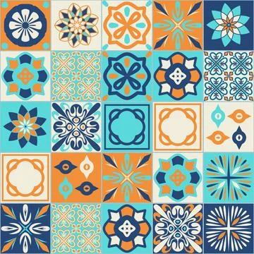Square ceramic tile design vector illustration, trendy azure blue orange colo Ilustración de archivo