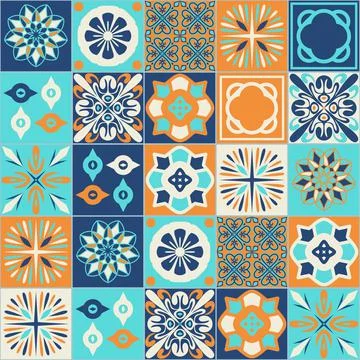 Square ceramic tile design vector illustration, trendy azure blue orange colo Ilustración de archivo