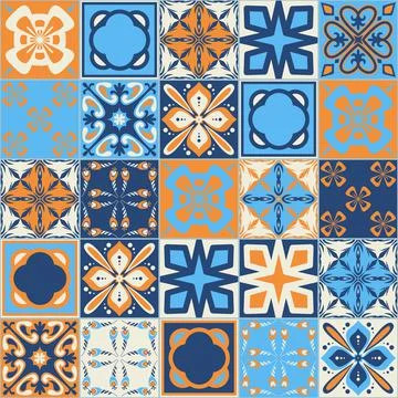 Square ceramic tile design vector illustration, trendy blue orange color medi Ilustración de archivo