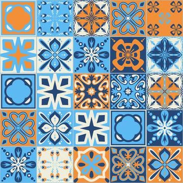 Square ceramic tile design vector illustration, trendy blue orange color medi Ilustración de archivo