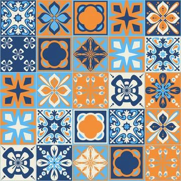 Square ceramic tile design vector illustration, trendy blue orange color medi イラスト素材
