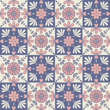 Square ceramic tile pink purple mosaic in spanish style, vector illustration Stockillustratie