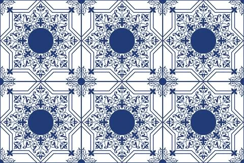 Square ceramic tiles with beautiful Delft blue white floral seamless pattern.  Stock Illustration
