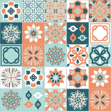 Square ceramic tiles blue orange pastel color Ilustración de archivo
